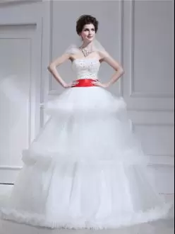 Strapless Sleeveless Wedding Dress With Brush Train Beading and Ruffled Layers White Tulle