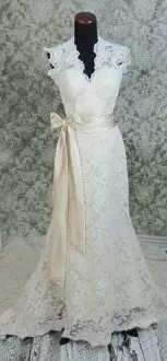 Custom Made Champagne Lace Lace Up Wedding Gown Sleeveless Floor Length Brush Train Lace and Sashes ribbons and Bowknot