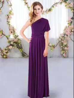Purple Criss Cross Wedding Party Dress Ruching Sleeveless Floor Length