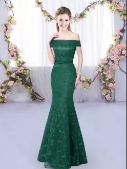 Floor Length Dark Green Bridesmaids Dress Off The Shoulder Sleeveless Lace Up