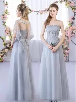 Grey Sleeveless Tulle Lace Up Wedding Party Dress for Prom and Party and Wedding Party