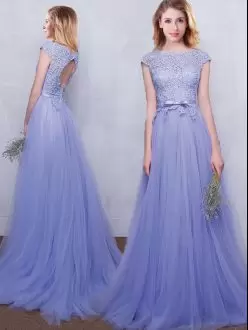 Enchanting With Train Backless Wedding Guest Dresses Lavender for Prom and Party and Wedding Party with Lace and Belt Brush Train