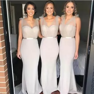 Dramatic Grey Bridesmaid Gown Party and Wedding Party with Ruching and Belt V-neck Sleeveless Sweep Train Side Zipper