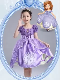 On Sale Lavender Side Zipper Scoop Beading and Pattern and Bowknot Toddler Flower Girl Dress Taffeta Short Sleeves