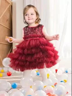 Cute Ball Gowns Flower Girl Dresses for Less Wine Red Scoop Tulle Sleeveless Mini Length Zipper