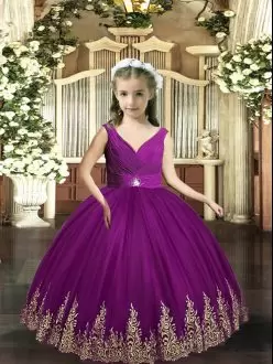 Eggplant Purple Backless Little Girls Pageant Gowns Embroidery Sleeveless Floor Length