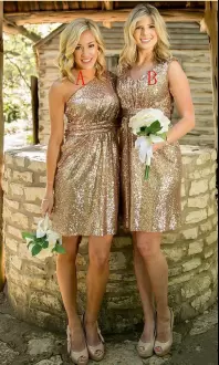 Mini Length Gold Wedding Party Dress One Shoulder Sleeveless Lace Up