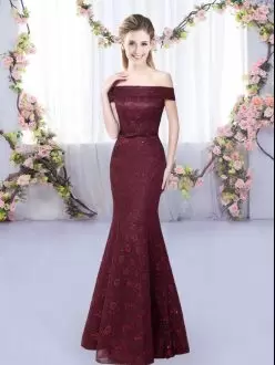 Luxury Burgundy Lace Up Bridesmaids Dress Lace Sleeveless Floor Length