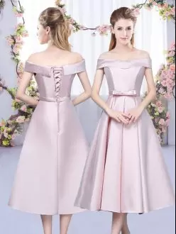 Vintage Off The Shoulder Sleeveless Bridesmaid Dresses Tea Length Bowknot Baby Pink Satin