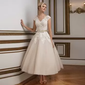Stunning Champagne Cap Sleeves Appliques and Belt Ankle Length Wedding Dresses