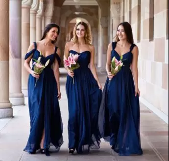 Unique Sleeveless Chiffon Floor Length Lace Up Bridesmaids Dress in Navy Blue with Ruching