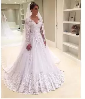 Long Sleeves V-neck Court Train Lace and Appliques Zipper Wedding Dresses