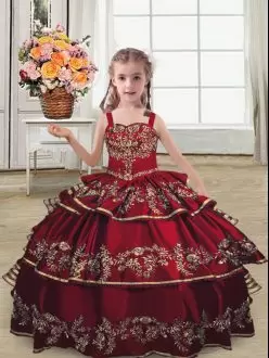 Burgundy Glitz Pageant Dress Wedding Party with Embroidery and Ruffled Layers Straps Sleeveless Lace Up