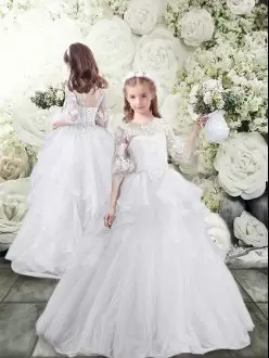 Lace Up Flower Girl Dress White for Wedding Party with Lace and Ruffles Brush Train