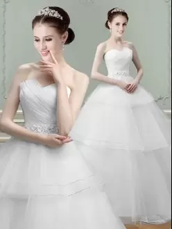Flirting White Wedding Dresses Wedding Party with Beading and Ruching Sweetheart Sleeveless Lace Up