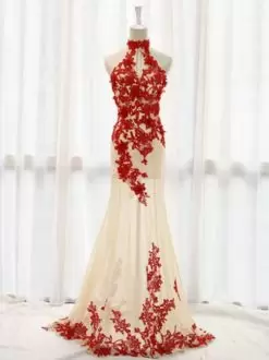 White and Red Lace Up Bridal Gown Beading and Lace and Appliques Sleeveless Floor Length