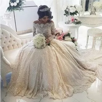 Customized Off The Shoulder Long Sleeves Lace Bridal Gown Lace Court Train Lace Up