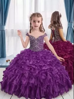 Beauteous Eggplant Purple Off The Shoulder Neckline Beading and Ruffles Little Girl Pageant Gowns Sleeveless Lace Up