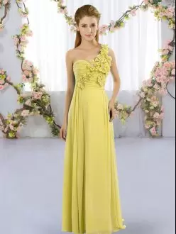 Clearance Yellow Green Chiffon Lace Up One Shoulder Sleeveless Floor Length Bridesmaid Dresses Hand Made Flower