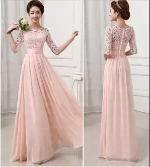 Half Sleeves Chiffon and Lace Floor Length Zipper Bridesmaid Dresses in Pink with Lace