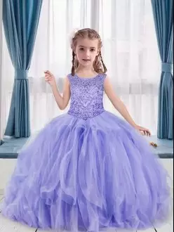 Great Lavender Sleeveless Beading and Ruffles Floor Length Pageant Dress for Teens