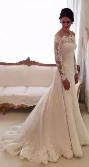 Lace Off The Shoulder Long Sleeves Sweep Train Lace Up Lace Wedding Gowns in White