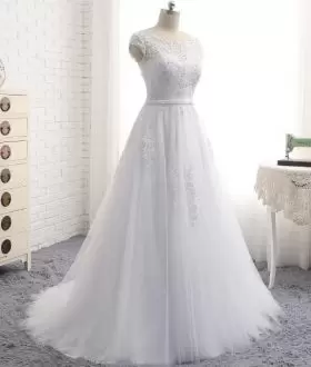 Flirting Lace and Appliques Bridal Gown White Zipper Sleeveless With Brush Train