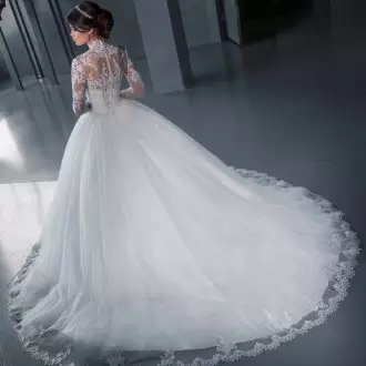 White Clasp Handle High-neck Appliques Wedding Dresses Tulle Long Sleeves Court Train