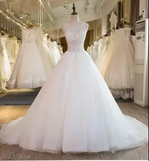 Tulle Sleeveless With Train Wedding Dresses Court Train and Beading and Appliques
