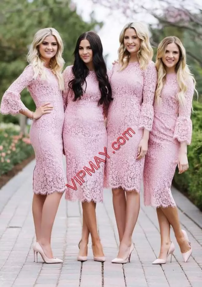 Simple Fully Lace 3 4 Length Sleeve Tea Length Bridesmaids Dress