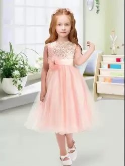 Empire Flower Girl Dresses Baby Pink Scoop Organza Sleeveless Tea Length Zipper