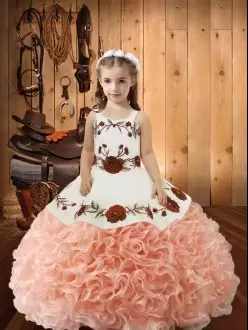 Gorgeous Peach Straps Lace Up Embroidery and Ruffles Little Girls Pageant Dress Sleeveless