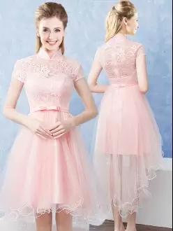 Baby Pink High-neck Neckline Lace and Belt Wedding Guest Dresses Short Sleeves Zipper