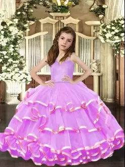 Lavender Organza Lace Up Little Girls Pageant Dress Wholesale Sleeveless Floor Length Ruffled Layers
