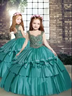 Teal Straps Neckline Beading Child Pageant Dress Sleeveless Lace Up