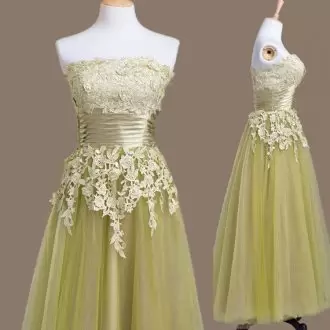 Elegant Olive Green Sleeveless Tulle Lace Up Wedding Guest Dresses for Prom and Party and Wedding Party