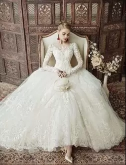 Most Beautiful Tulle Long Sleeves Lace Wedding Dress Illusion Neckline in White