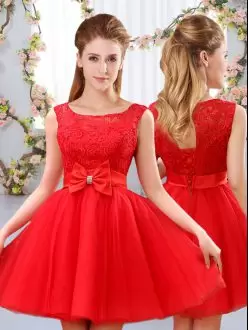 Custom Design Red Sleeveless Mini Length Lace and Bowknot Lace Up Wedding Guest Dresses Scoop
