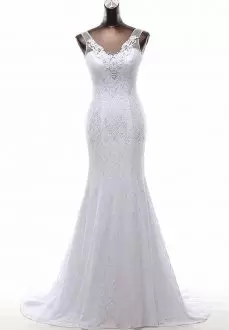 High End White Mermaid V-neck Sleeveless Lace With Brush Train Lace Up Beading and Lace Wedding Gowns