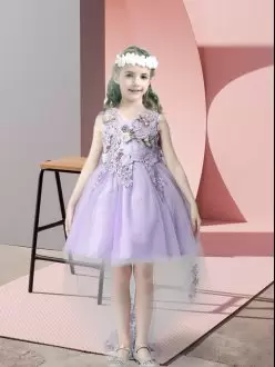 Lavender Ball Gowns Tulle V-neck Sleeveless Lace and Bowknot High Low Zipper Flower Girl Dress
