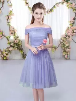 Elegant Lavender Lace Up Bridesmaid Dresses Belt Short Sleeves Knee Length