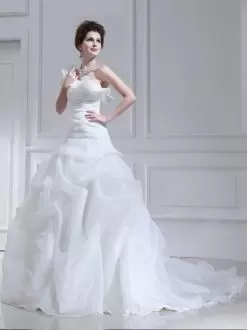With Train White Bridal Gown Organza and Tulle Brush Train Sleeveless Ruffles and Ruching and Pick Ups