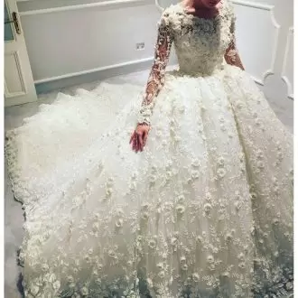 Pretty White Ball Gowns Tulle Scoop Long Sleeves Hand Made Flower Lace Up Wedding Dresses Chapel Train