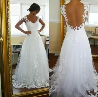 Elegant White A-line V-neck Cap Sleeves Tulle With Brush Train Backless Lace and Appliques Bridal Gown