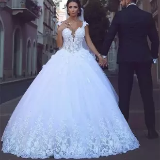 White Ball Gowns Tulle V-neck Sleeveless Appliques Lace Up Bridal Gown Sweep Train