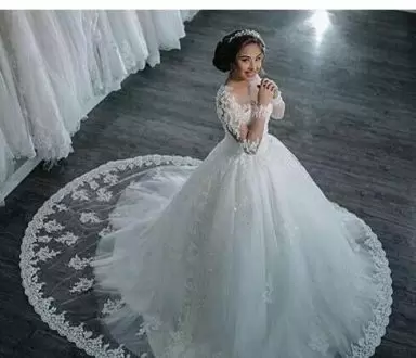 White Tulle Zipper Wedding Dress Long Sleeves Chapel Train Beading and Appliques