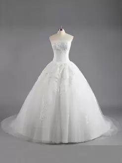 White A-line Tulle Strapless Sleeveless Beading and Appliques With Train Lace Up Bridal Gown Court Train