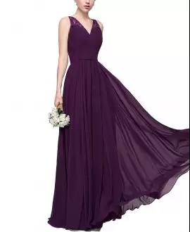 Amazing Floor Length Clasp Handle Wedding Guest Dresses Dark Purple for Party and Wedding Party with Lace and Ruching