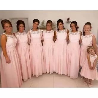 Delicate Sleeveless Chiffon Floor Length Lace Up Bridesmaid Gown in Pink with Lace