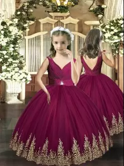 Best Tulle Sleeveless Backless Embroidery Kids Pageant Dress in Burgundy
